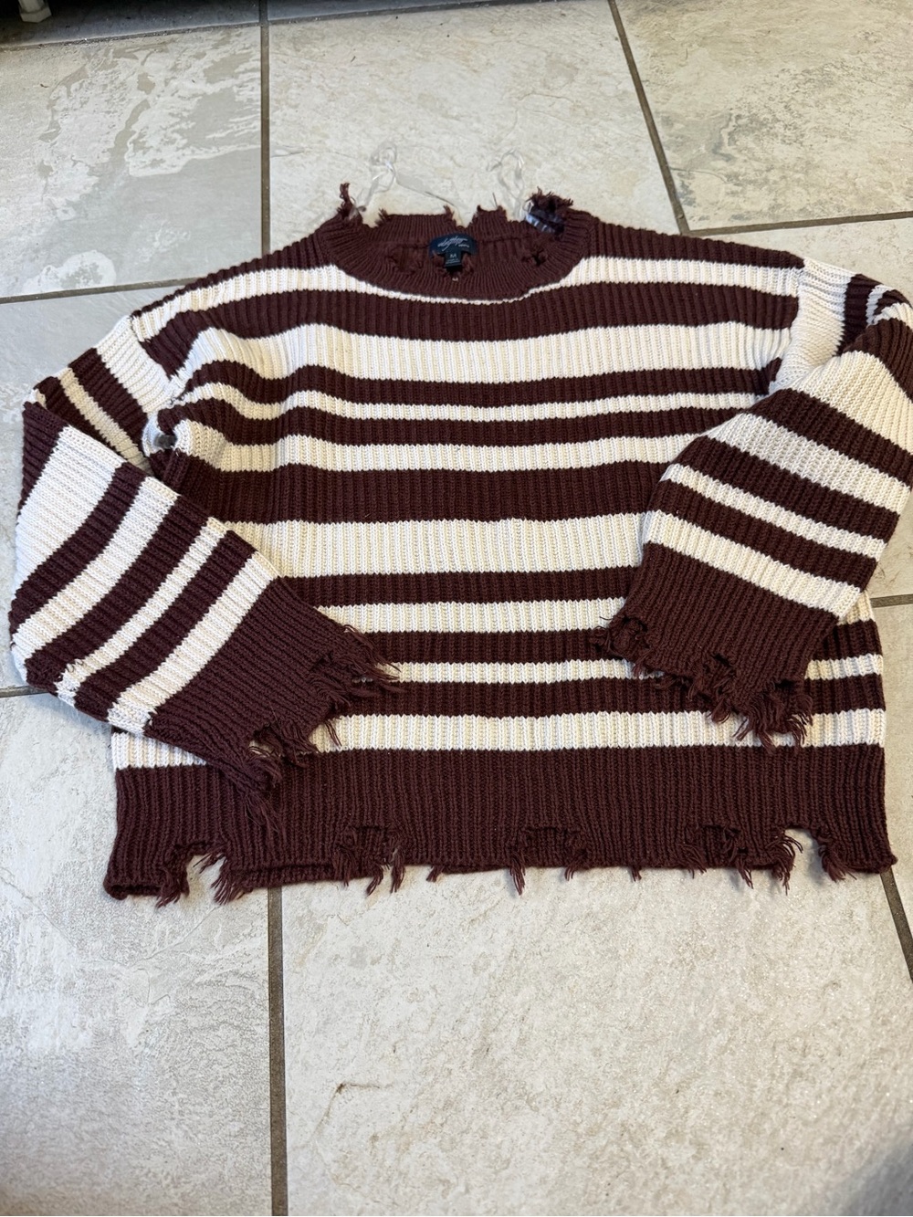 Daytrip Distressed Striped Sweater - Brown & Cream